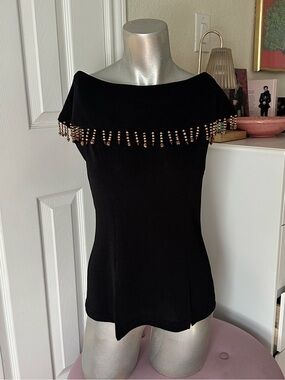 Vintage 90s Nicole Studio New YorkBlack & Tan Beaded Off-the-Shoulder Top